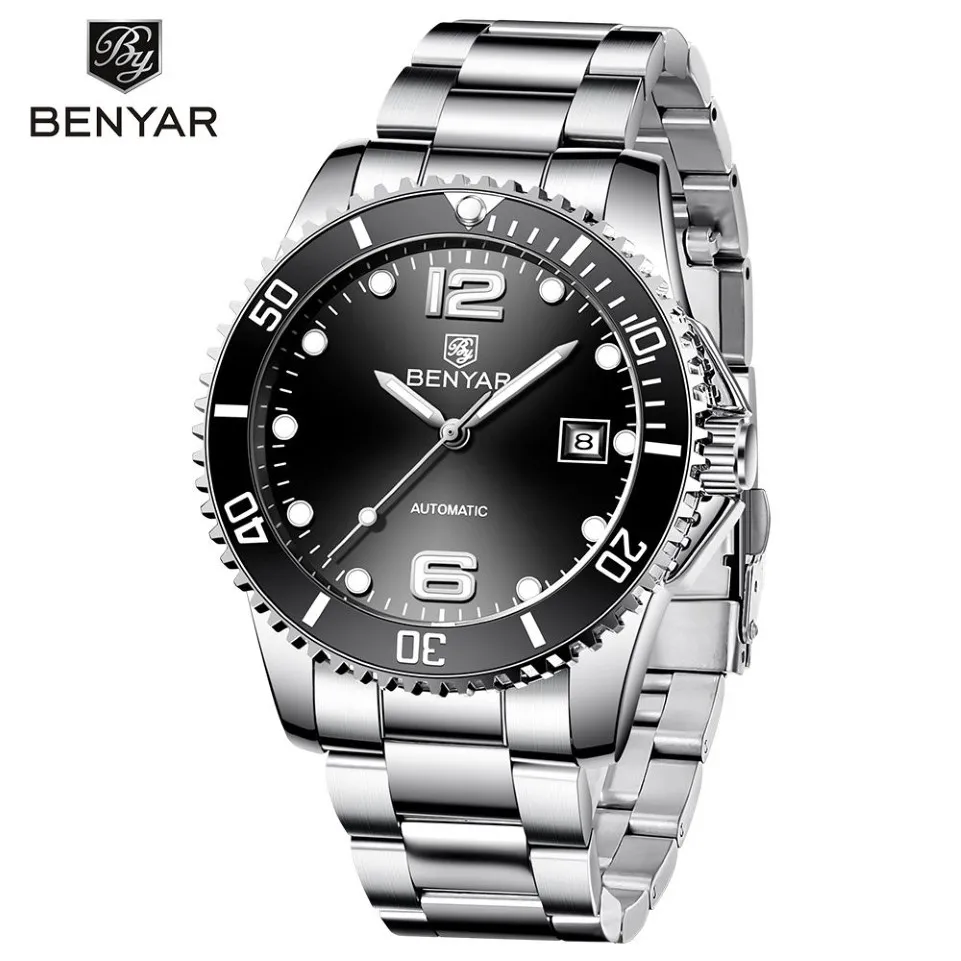 Benyar Top Brand Men Mechanical Watch Automatic Fashion Luxury rostfritt stål Male Clock219x