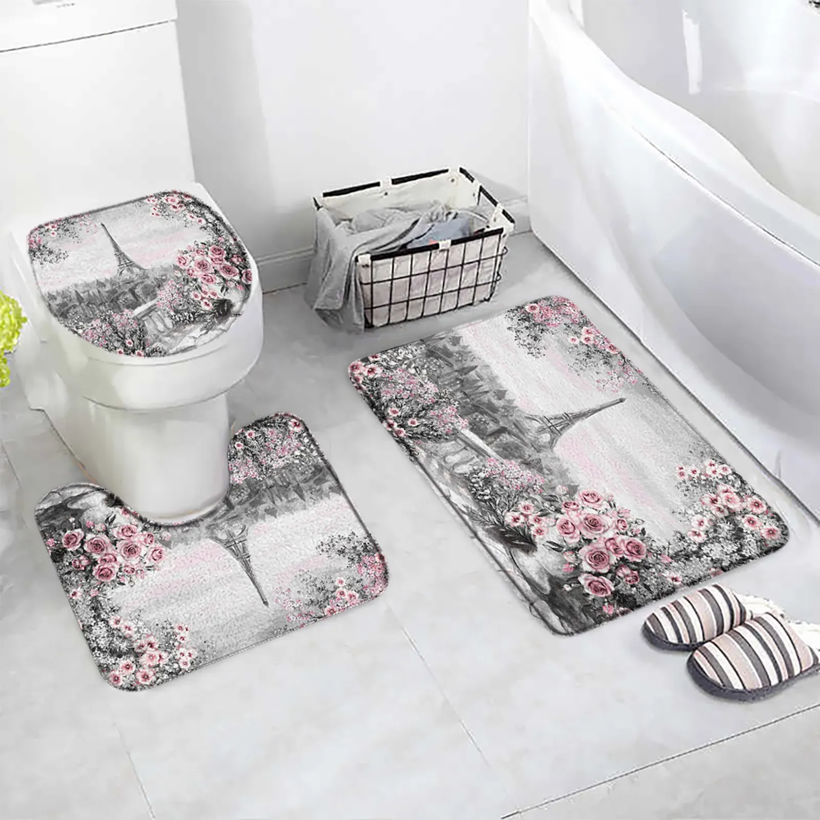 Mats Vintage Paris Tower Bath Mats Set Pink Flower City Scenery Painting Home Bathroom Decor Door Carpet Rug AntiSlip Toilet Lid Mat