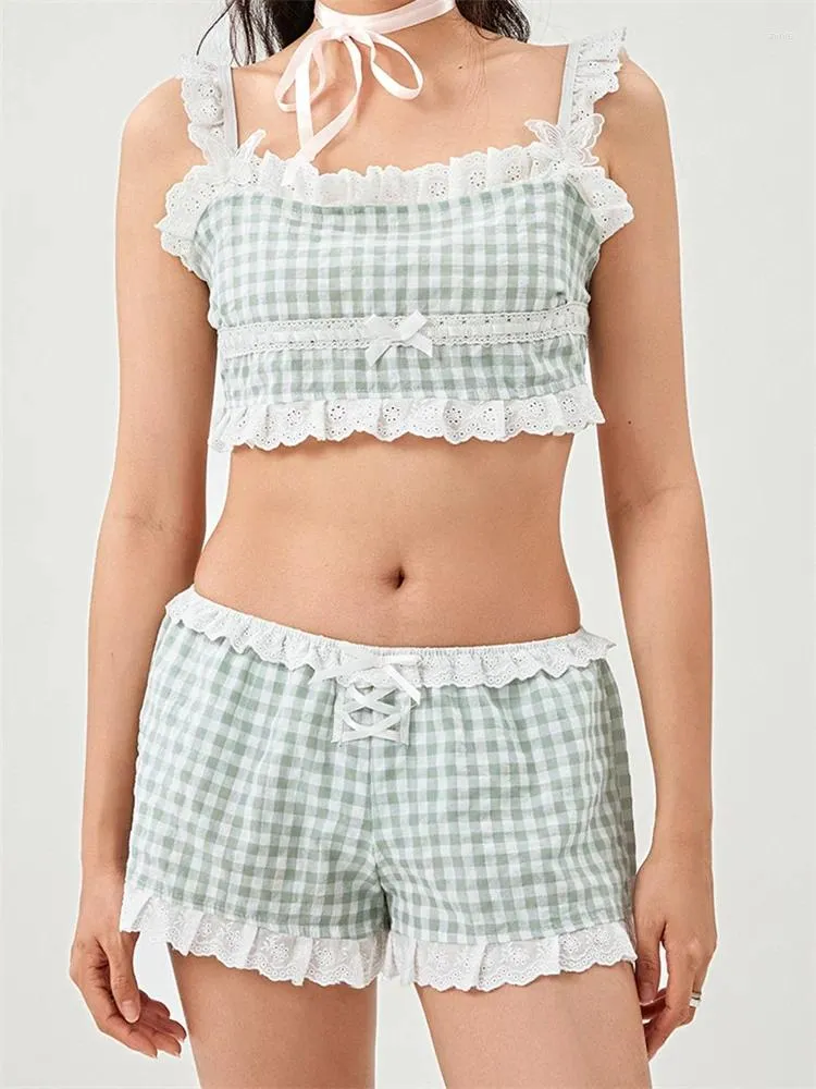 Kvinnors spårdräkter Thorn Tree Women Plaid tryck 2 stycken Summer Set Square Neck spets trim justerbar rem Camis toppar elastiska midja shorts