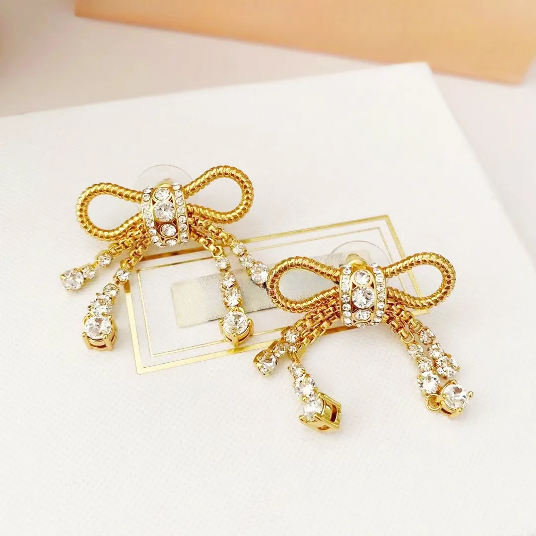 sweet bowknot designer earrings 18k gold luxury brand shing Crystal bling diamond bow Earrings for women Earring ear rings party jewelry gift