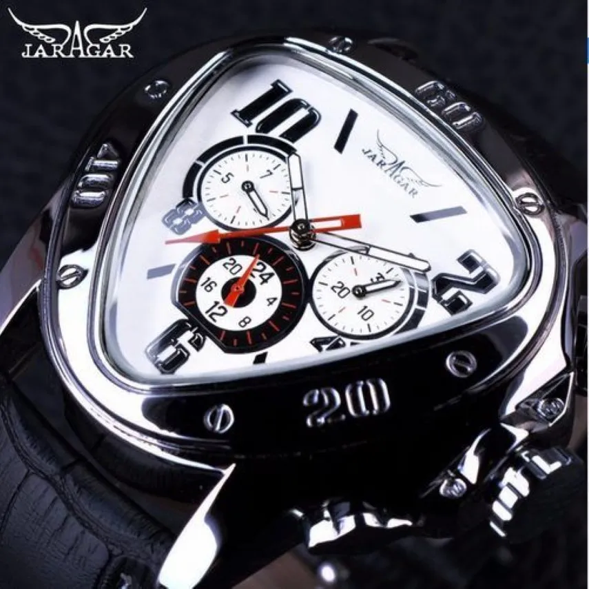 JARAGAR SPORT Fashion Design Mens Watches Top Brand Luxury Automatic Watch Triangle 3 Dial Display äkta läderband Clock307G