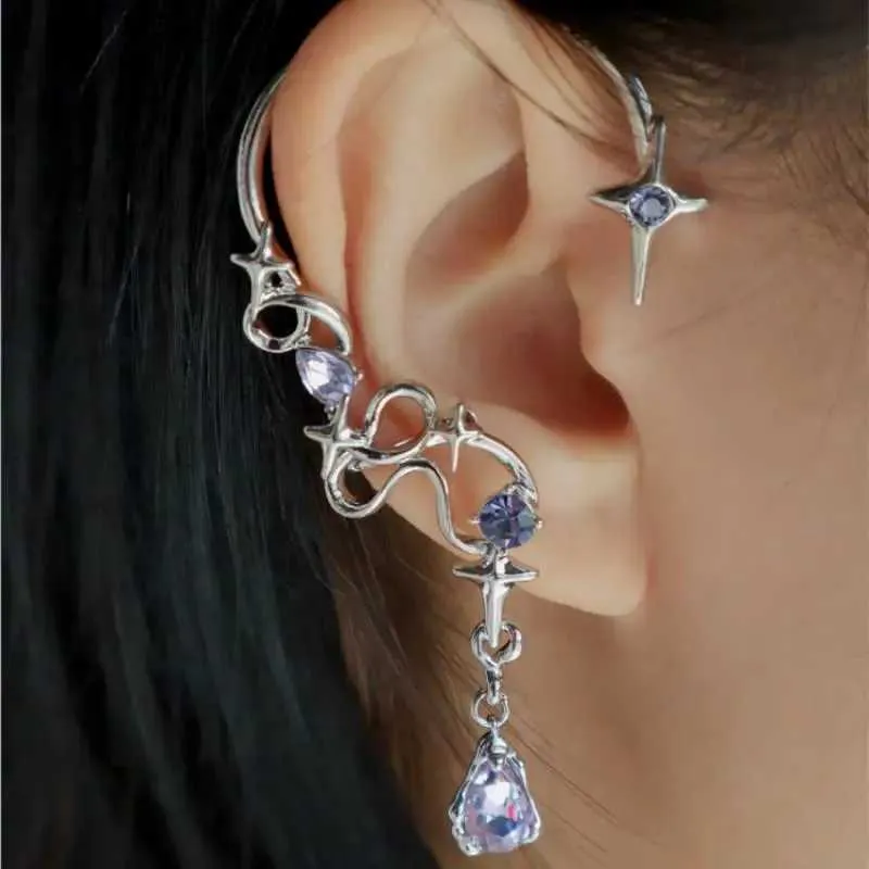 Ear Cuff Ear Cuff 1 unique design amethyst cross star ear bone clip for womens tassel pendant earrings hip-hop punk ear clip jewelry Y240326