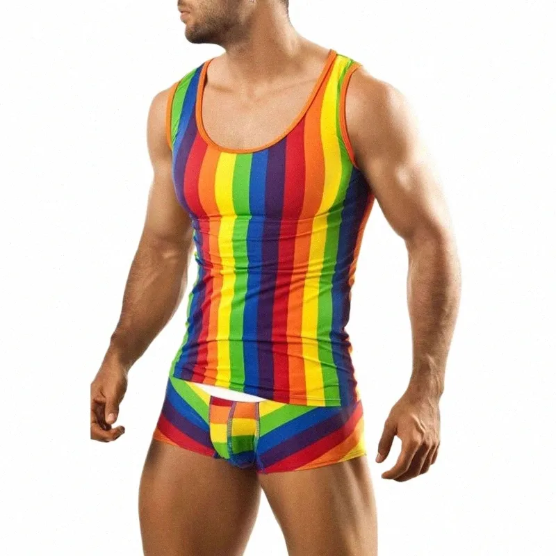 Pigiama da uomo Set Rainbow Stripe Stampato Sleevel Tank Shirt Estate Quotidiano Home Stretto Pantaloncini sexy Set da uomo 2 pezzi Set 2023 G2qt #