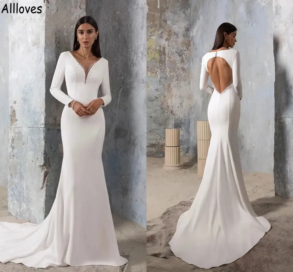 Nouveau Designer Robes De Mariée Sirène Avec Manches Longues Simple Élégant Blanc Satin Robes De Mariée Paillettes Brillantes Sexy Col En V Profond Dos Nu Robes De Mariage De Mariée