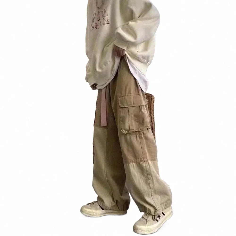 workowate czarne spodnie do ładunków dla mężczyzn Khaki Spodnie Khaki Mężczyzna Vintage luźne luźne jesienne jesień japońskie streetwear hip hop retro n9a9#