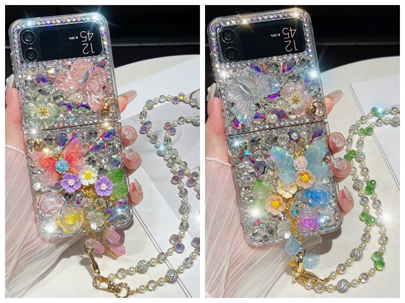 Zflip5 bling 3D çiçek kelebek kılıfları samsung galaxy z flip 5 kat 4 3 kat5 lüks rhinestone sert pc plastik elmas kristal bayan kapak boncuklar corssybody askısı