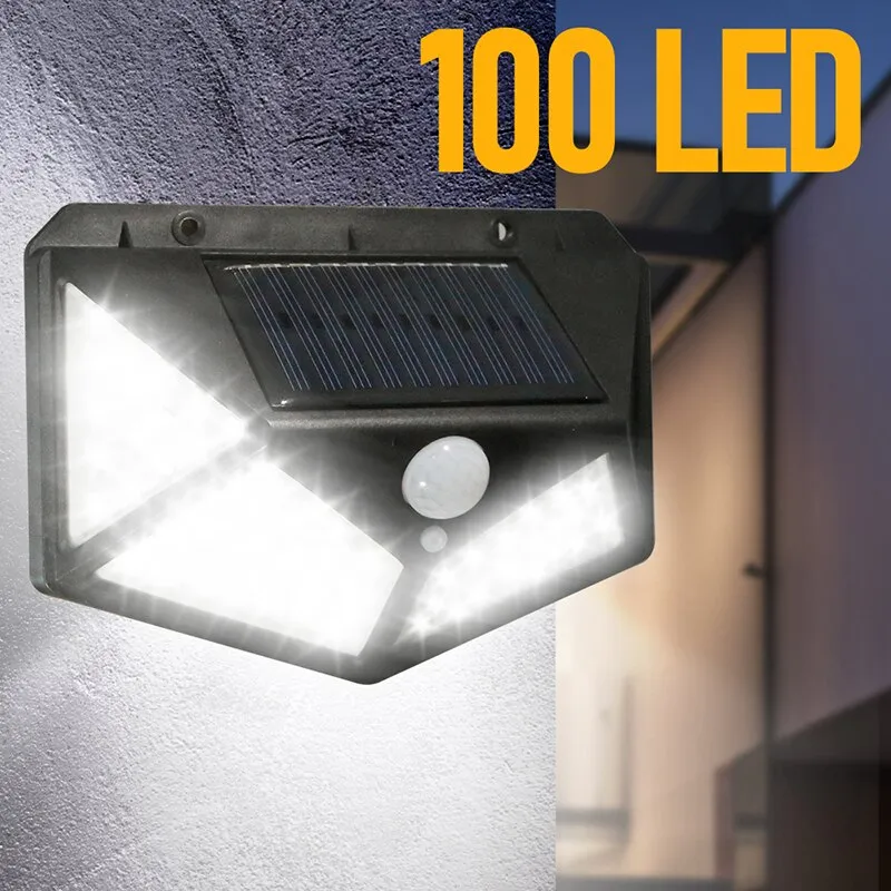 100 LED Solar Wall Lamp All Sides Luminous Motion Sensor Human Induction Courtyard Waterproof Stairs Outdoor Wall Light