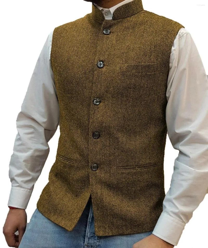 Gilet da uomo Gilet marrone Tweed di lana a spina di pesce Colletto alla coreana Gilet slim fit Costumi da sposo Abbigliamento per uomo Matrimonio