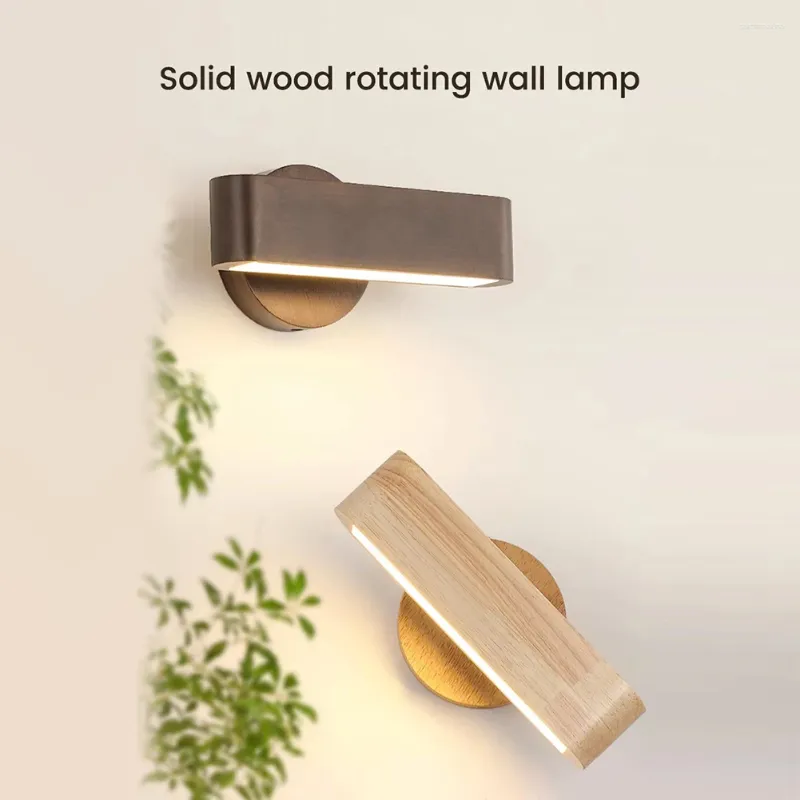 Wall Lamps Wooden Lights For Bedroom 360° Rotate Dimmable Wireless Sconce 3 Color LED Lighting Cordless Mount Light