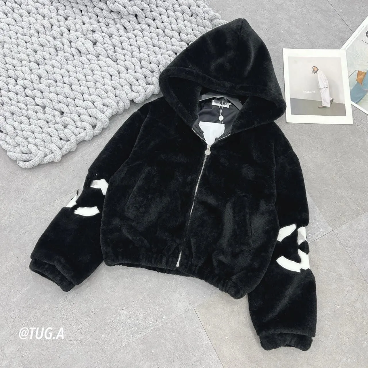 Cozy Faux Fur Hooded Coat: Embroidered Logo, Warm Winter Fashion 