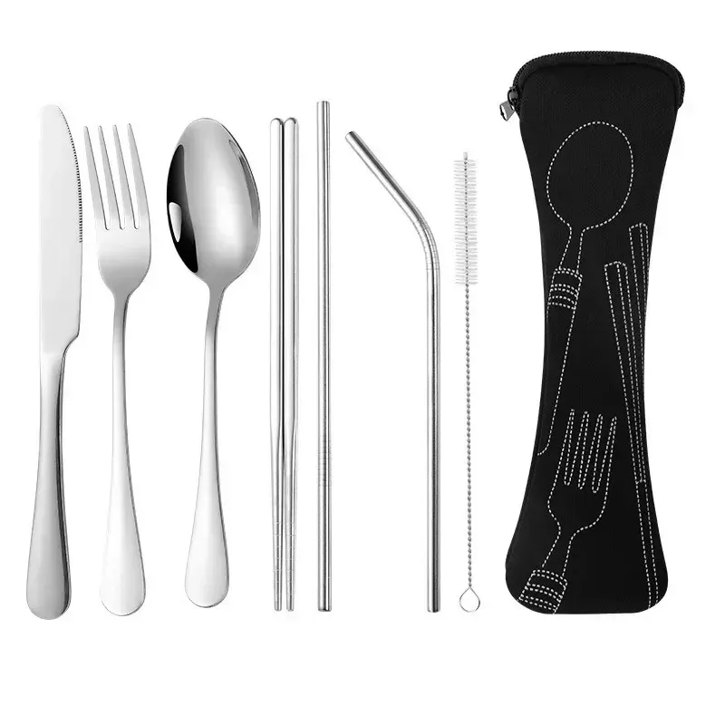 2024 /Set Dinnerware Portable Printed Knifes Fork Spoon Stainless Steel Family Camping Steak Cutlery Tableware with Bag