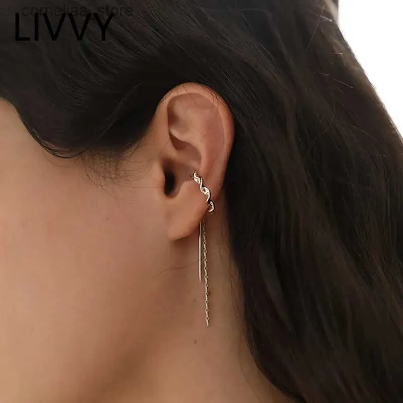 Ear Cuff Ear Cuff Livvy silver simple long chain tassel ear clip earrings suitable for women girls fake perforated party accessories jewelry gifts Y240326