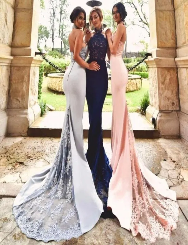 2023 Sexy Lace Beaded Halter Mermaid Evening Dresses Satin Applique Long Prom Dresses Backless Court Train Pink Silver Royal Blue 7075854