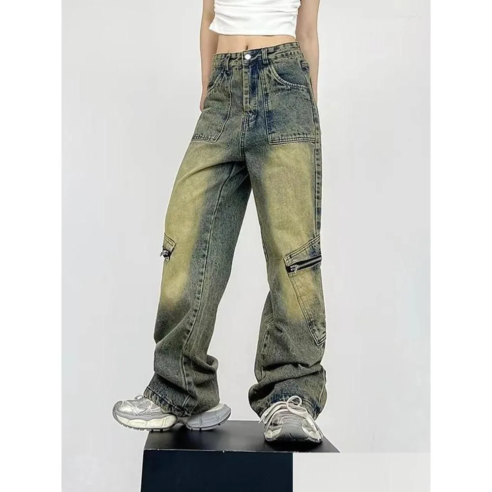 Mäns jeans herrar amerikansk high street gul lera färgade denim byxor trend retro vatten tvätt raka byxor lösa män och släpp deli dhklz