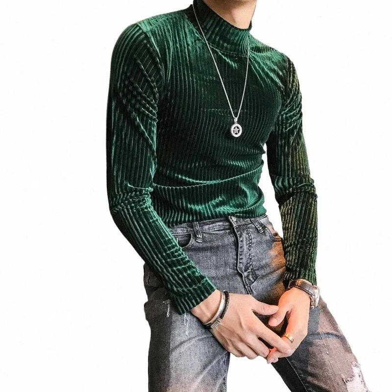Veet Turtleneck T-shirt 2024 Fall Winter Slim Standed Casual Men LG Sleeve Tight Club Costume Camiseta Homme X7CK#