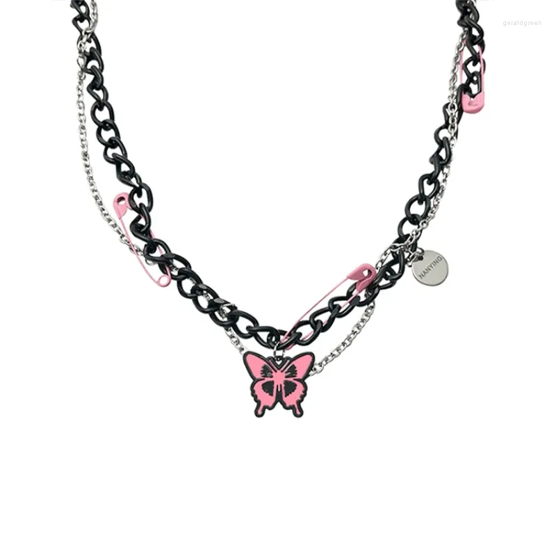 Chains Pink Butterfly Pendant Double Stacked Necklace Female Light Luxury Temperament Clavicle Chain Sweet Cool Wind