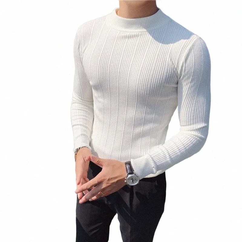 new Autumn Winter Korean Slim Fit Stripe Sweater Men Elastic Knitting Pullover Shirts Semi High Neck Solid Color Tight Sweater K2DQ#