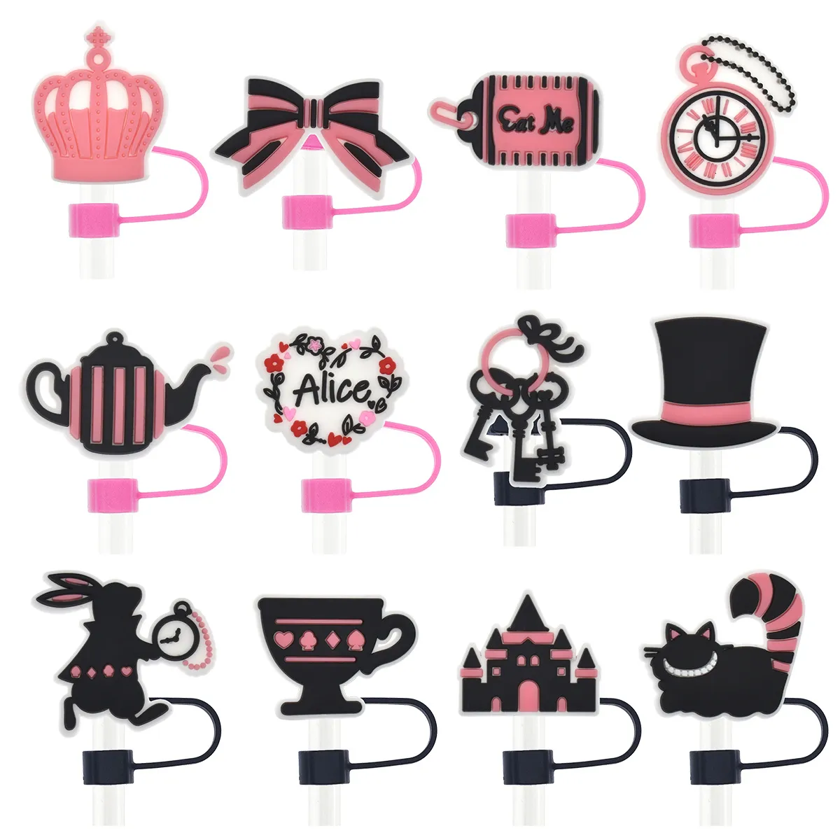 Alicee in Wonderlandd Serie Stro Cap Zacht Rubber Accessoires 10mm Party Decoratieve Gesp Universele Stro Stofstopper