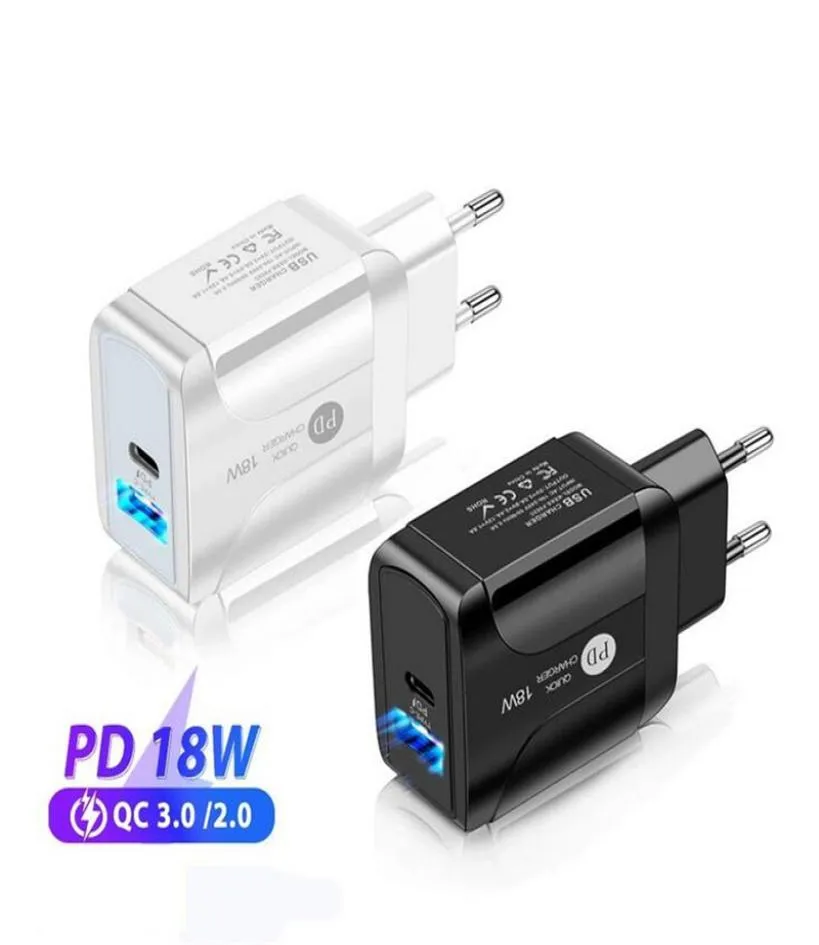 Carregador de parede rápido TypeC 18W PD e QC 30 com plugue US EU UK para Samsung iPhone Ipad Xiaomi Huawei Mobile Cell Phone7020096