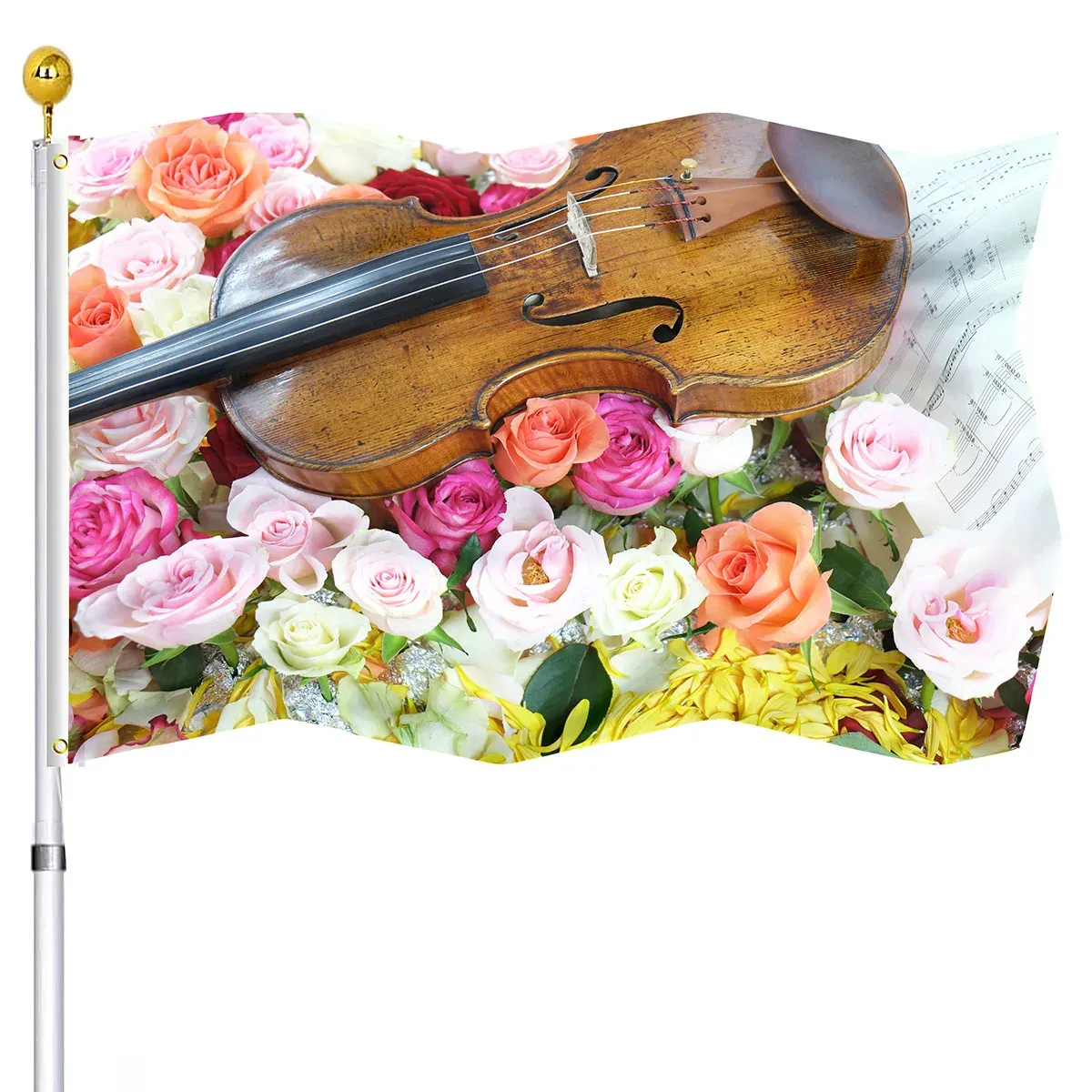 Tillbehör Violin Not Musik Flagg Vivid Rose Flowers Double Stitched Flags Banners med mässing GROMMETS HUS IN INHOOR Outdoor Decorations