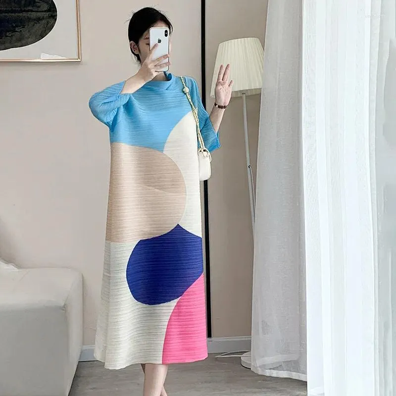 Casual Dresses GGHK Miyake Pleated Colorblocking Dress Half-high Neck Long-sleeved Loose Big Yards Fashion Autumn Women's Clothing