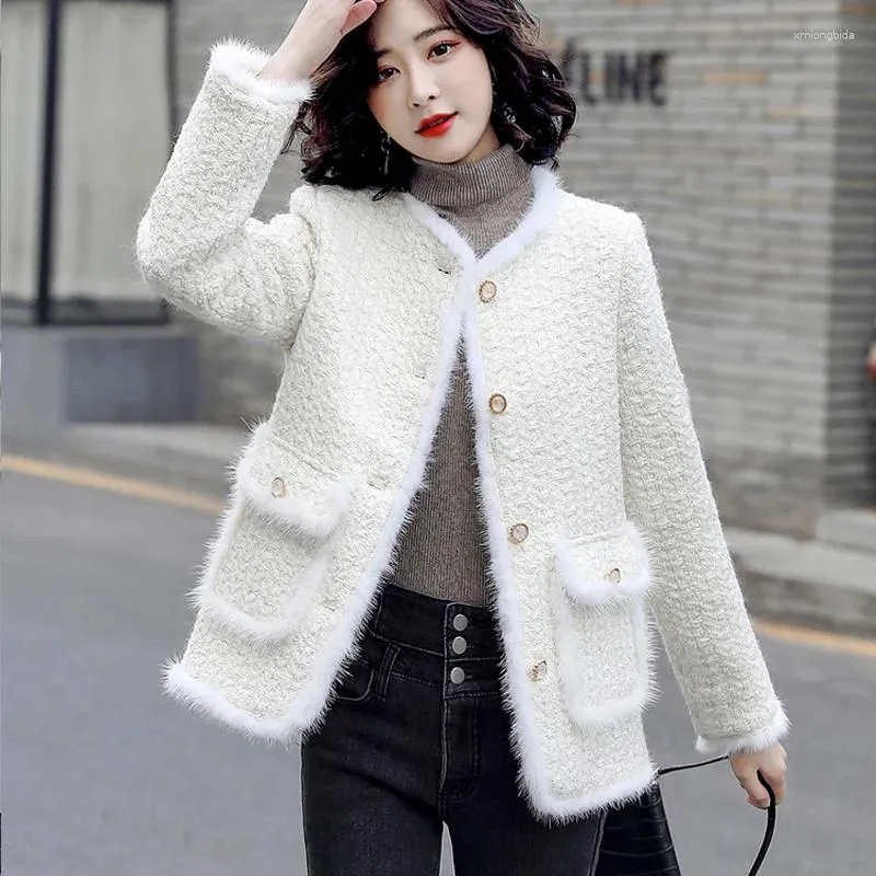Women's Jackets Luxury High Quality Women White Tweed Jacket Coat Autumn Winter Patchwork Woolen Thick Warm Pockets Outerwear