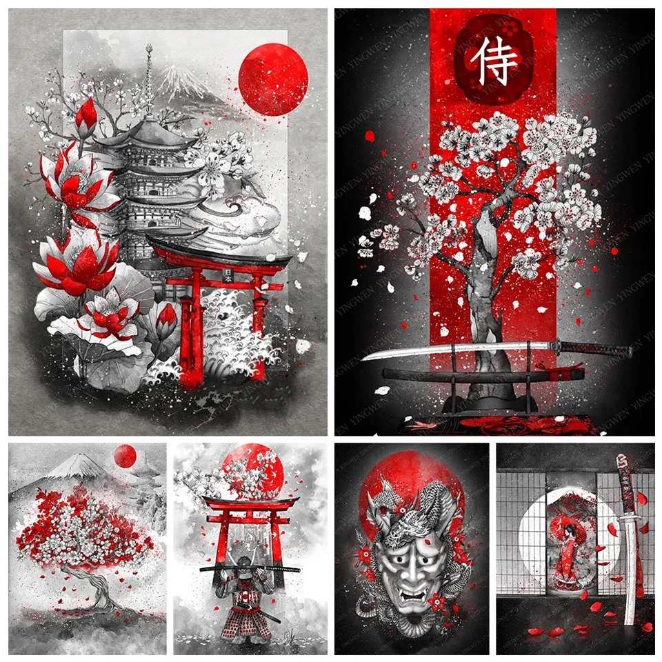 Stitch Japanese Diamond Art 5d Full Drill Diamond Painting Samurai Geisha Paysage Cross Cross Stitch Kit de broderie