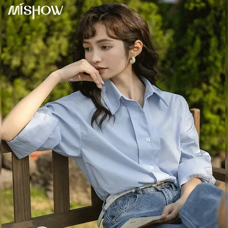 MISHOW Womens Loose Shirt Spring Solid Polo-Neck Single Breasted Blouse Office Lady Long Sleeve Tops Clothing Female MXC13C0006 240322