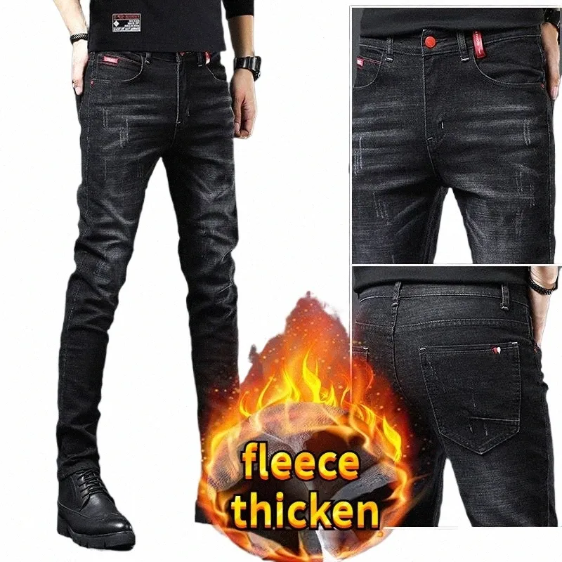 Warme Fleece Broek Winter Man Cowboy Man Thermische Fleece Gevoerd Zwart Koreaanse Fi Slanke Dikker Pluche Wol Boot Cut Jeans Mannen A91G #