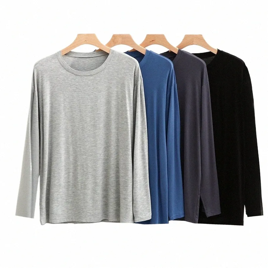 NYA 2024 HERMENS MODAL T-shirt Sleep Tops O-Neck LG Sleeve Elastic Homewear Solid Casual Sleepwear Men kläder Spring Pyjamas P813#