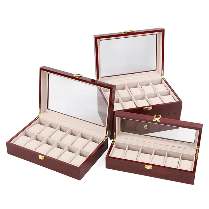 Modules New Wood Watch Box Storage Red Watch Collection Box with Gold Lock Jewelry Organizer for Women