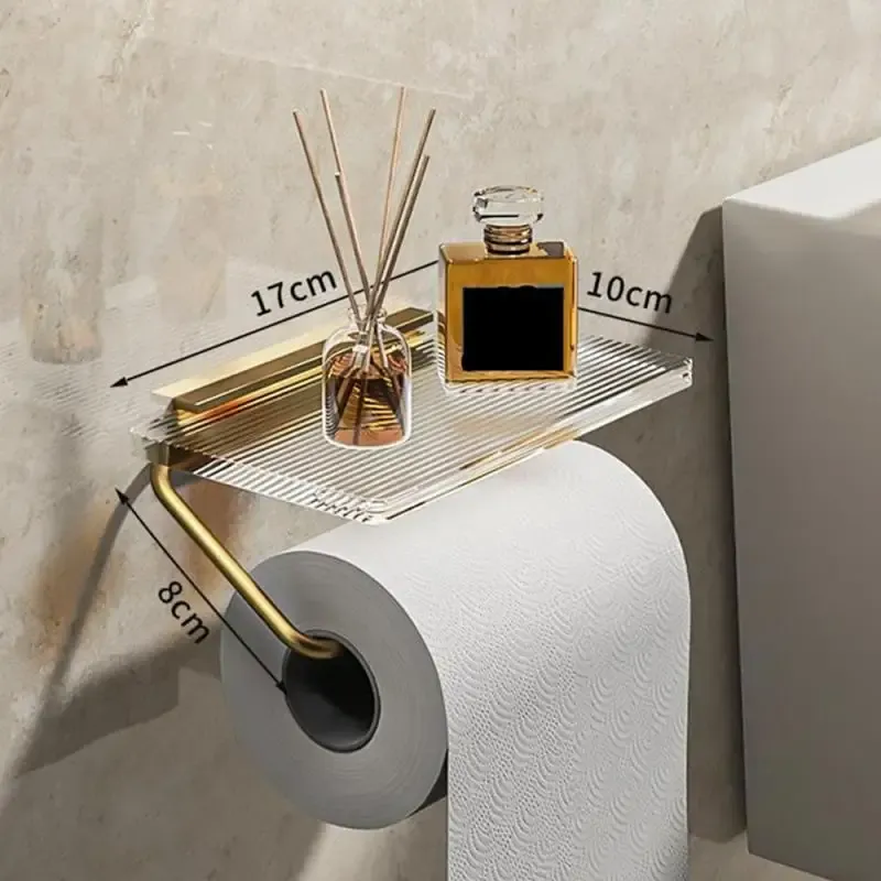 Porte-papier hygiénique doré de luxe, avec étagère, sans poinçonnage, porte-rouleau de papier acrylique, cintre pour mouchoirs, accessoires de salle de bains