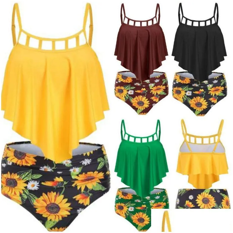 Women'S Swimwear Women Bikini Womens Trendy Swimsuits Girls Sunflower Print High Waist Bikinis Ladys Y New Summer Styles Active Drop Dhfs5