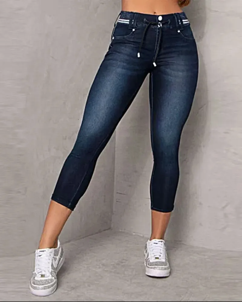 Bahar Sonbahar Kadınlar Saf Renk Kotları Vintage Denim Drawstring Cep Tasarımı Skinny Jean ayak bileği uzunlukta sokak kıyafeti kadın pantolon 240319