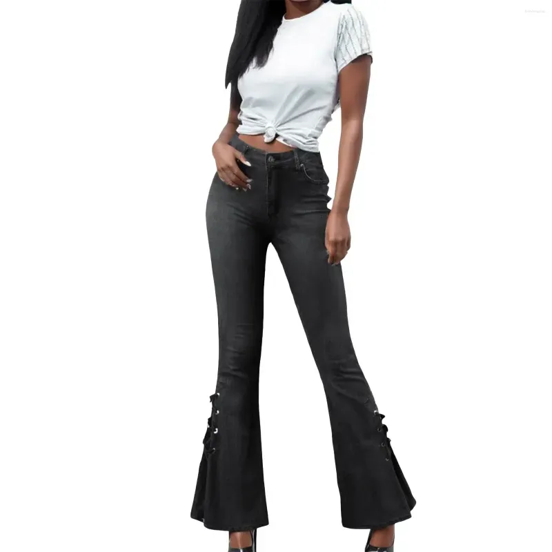 سراويل جينز للسيدات منتصف الخصر امتداد النساء جينز سراويل واسعة الساق بعقب متوفرة النمط الكوري النمطي النحيف الجرس السفلي بنطلون جيب درو otojr