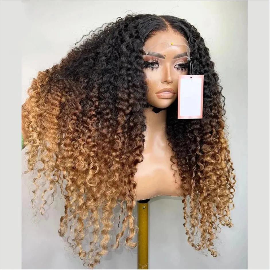 Perruque Lace Front Wig bouclée ombrée blonde brune, 26 pouces de long, densité 180, cheveux de bébé pour femmes noires, résistants à la chaleur, pré-épilés, sans colle