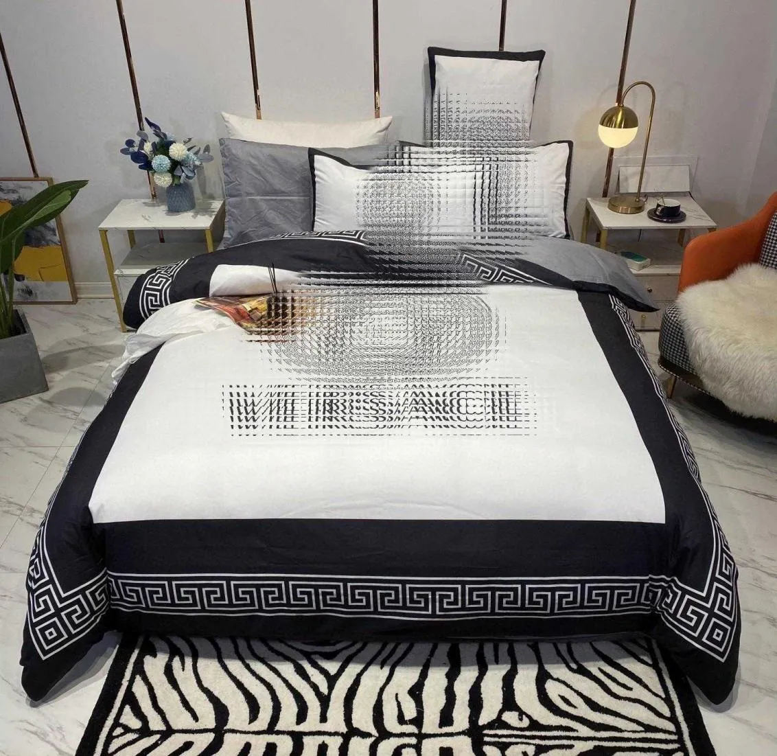 寝具セットファッションデザイナーキングサイズの寝具セット4pcssetプリントシルククイーン布団カバーベッドシートファッション枕カバー高qu5098661