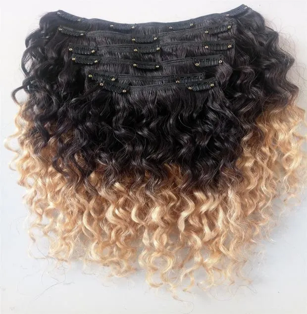 Interi capelli umani brasiliani estensioni dei capelli vergini remy clip in capelli ricci stile nero naturale 1b colore biondo ombre7162719