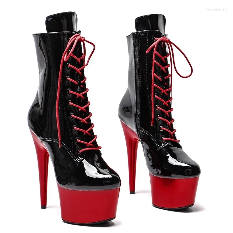 Sapatos de dança femininos 17cm/7 polegadas pu plataforma revestida superior sexy salto alto botas tornozelo pólo 012