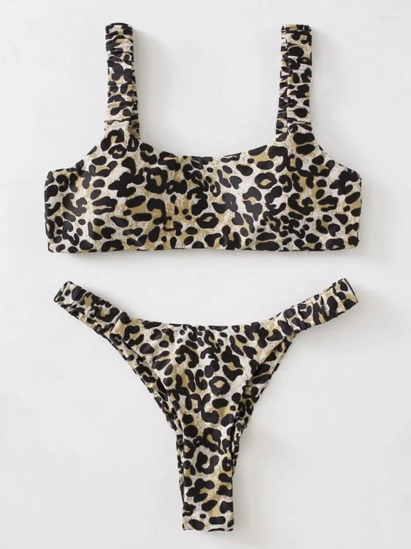 Women's Swimwear Leopard Print Bandeau Bikini 2024 Women Thong Sexy Push Up Swimsuit Bathing Suit Set Beachwear