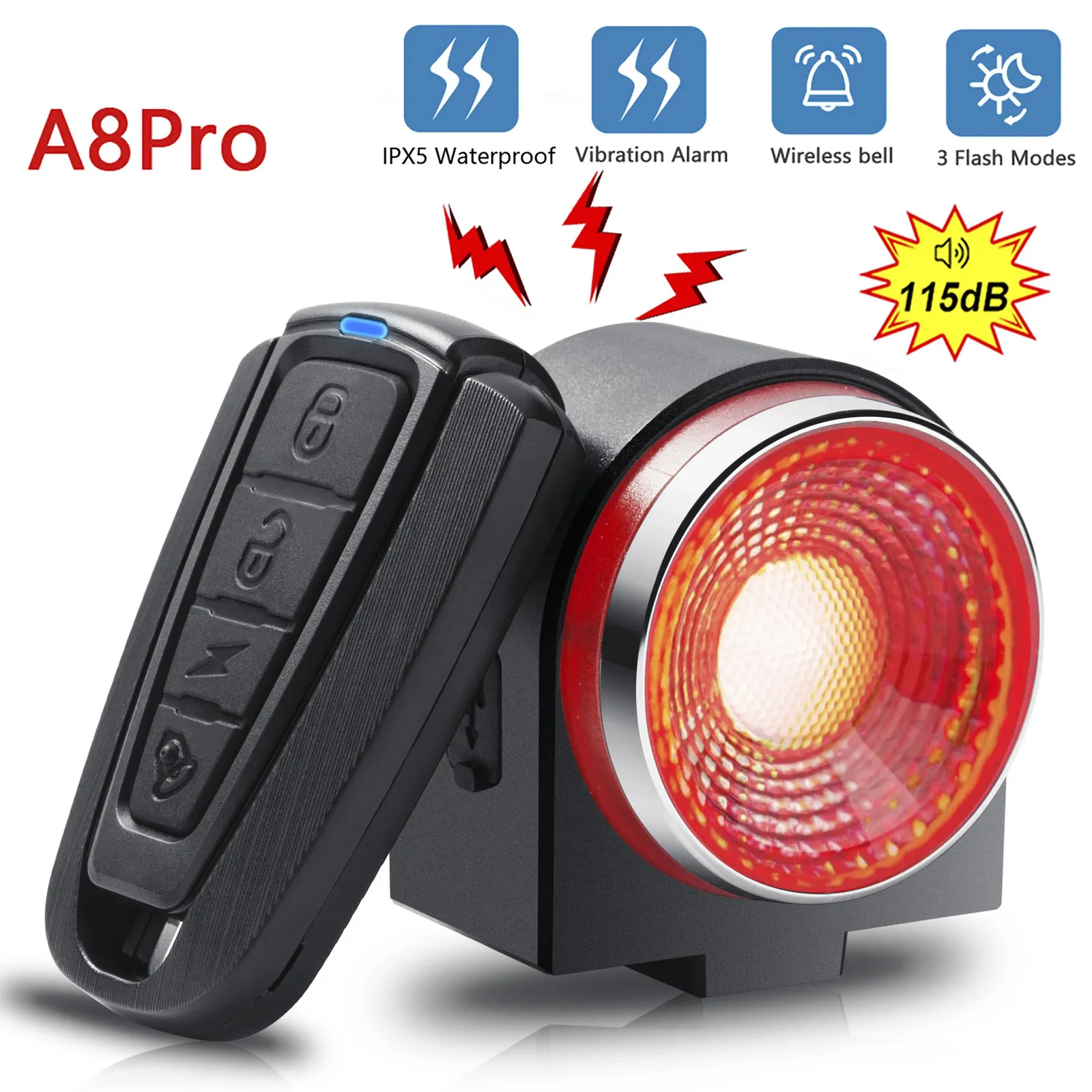 Bicycle Rear Lamp Braking Light Burglary Alarm Remote Call Wireless Control USB Charge LED Lantern Bike Finder Horn A8Pro 240322