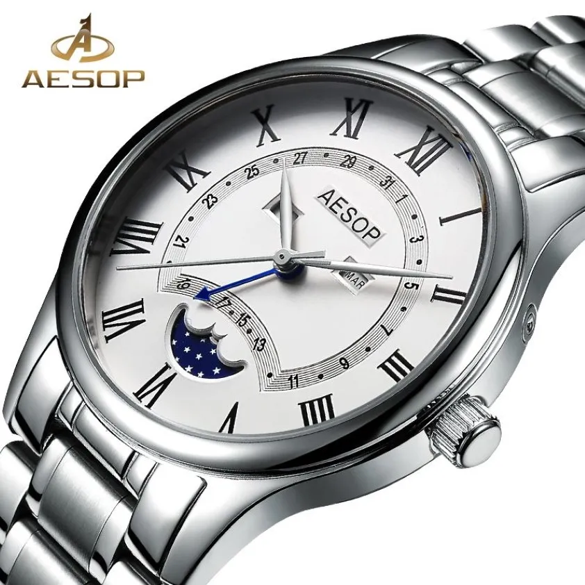 Aesop Watch Men Luxury Moon Phase Quartz Quartz Tourchette de bracelet