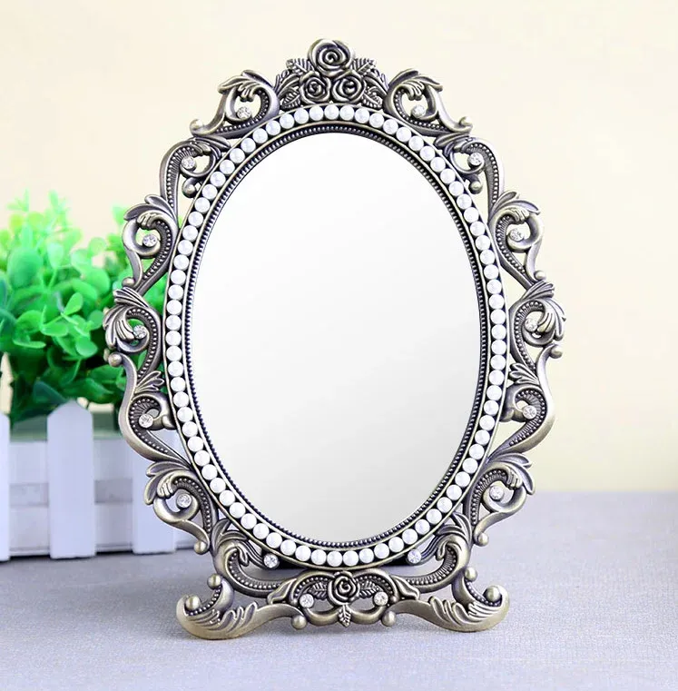 Mirrors Europe 7inch Pearl inlayed Metal Frame Oval Desktop Makeup Mirror Decoration Maison Vanity Mirror For Home Decoration J06