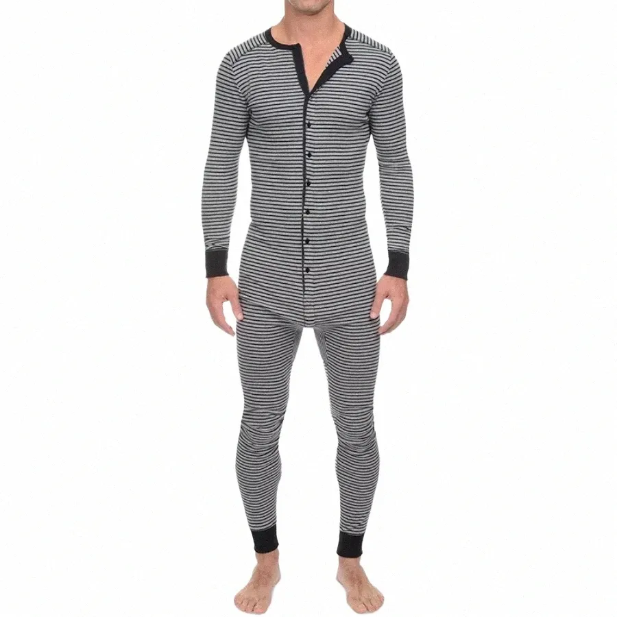 men Underwear Pajama Skinny Striped Jumpsuit Lg Sleeve O Neck Butts Romper Sleepwear Overall Wholesale Onesies- Pajama Set Z8bI#