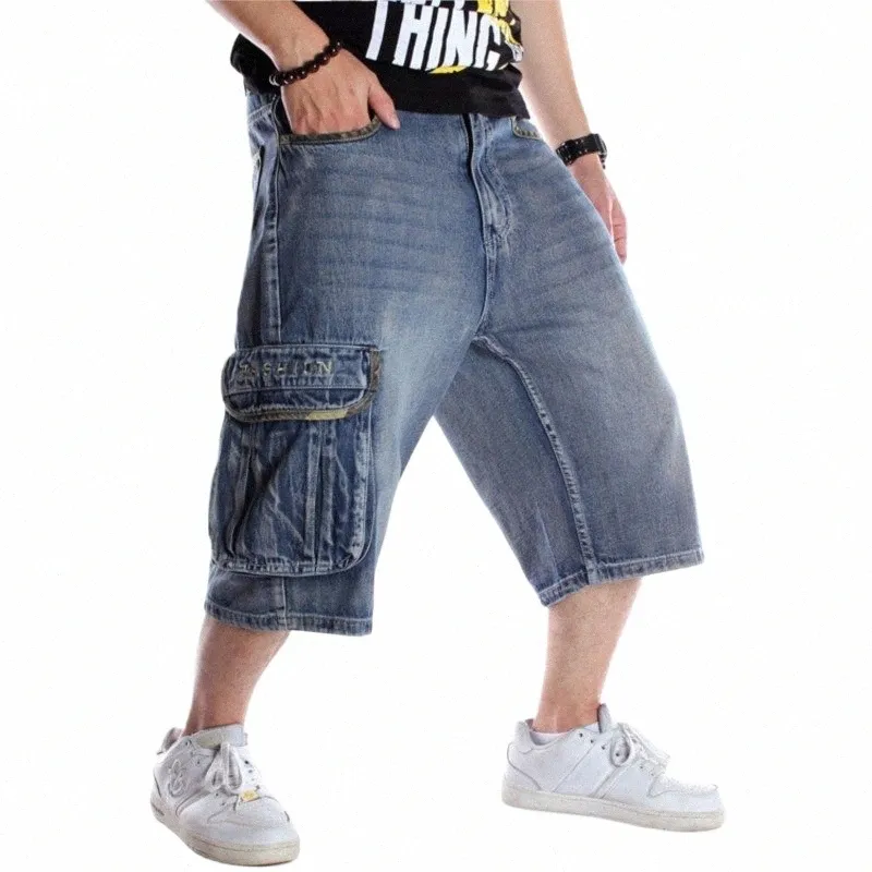 Summer Men's Loose Multi Pockets last denim Hip Hop Wide Leg Jeans Street Skateboarding Capris Shorts Plus Size 44 46 Q4GU#