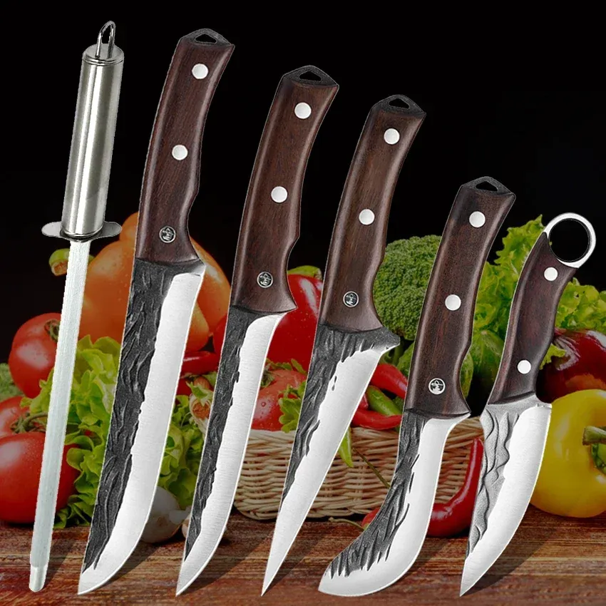 Knives Handforged Boning Knife High Carbon Meat Cleaver Butcher Knife Stainless Steel Sharpener Stick Sharp Utility Knives Hunting BBQ