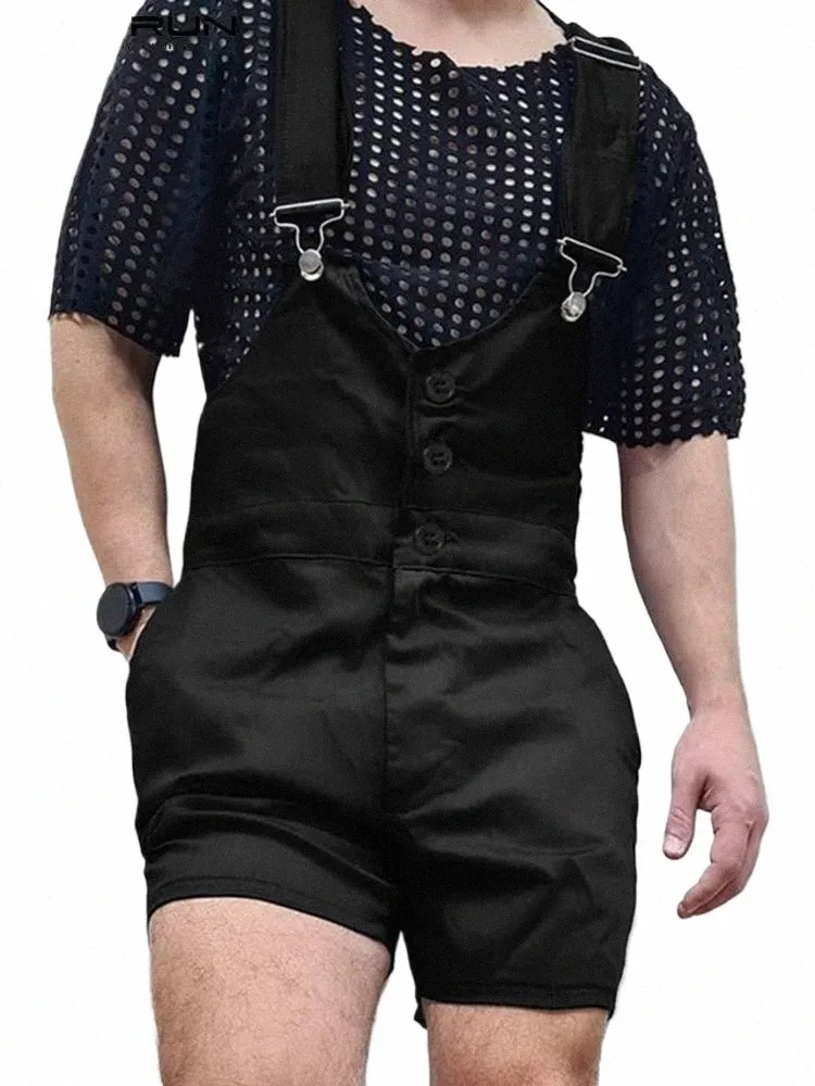 Inderun Men Rompers Solid Kolor Butt Pockets Streetwear Casual Suspendend Joks Men 2023 Straps kombinezon Plus Size S5lt#
