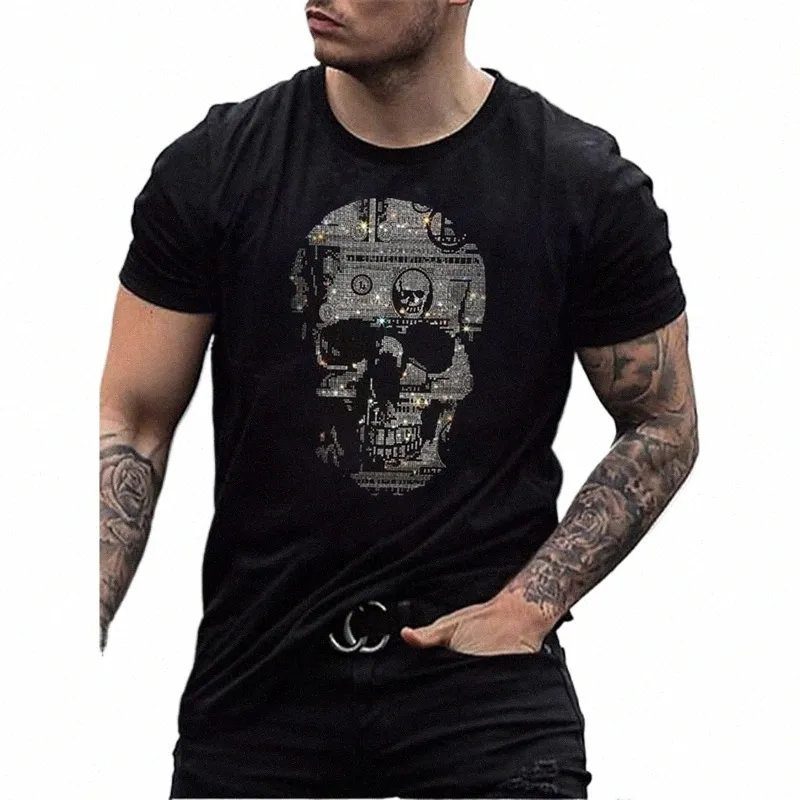 new Men's Fi Diamds T-Shirts Skull Hot Drill Tee Tops Short Sleeve O-Neck Rhineste Club Men Clothing Tshirt Quality Y2K D43r#