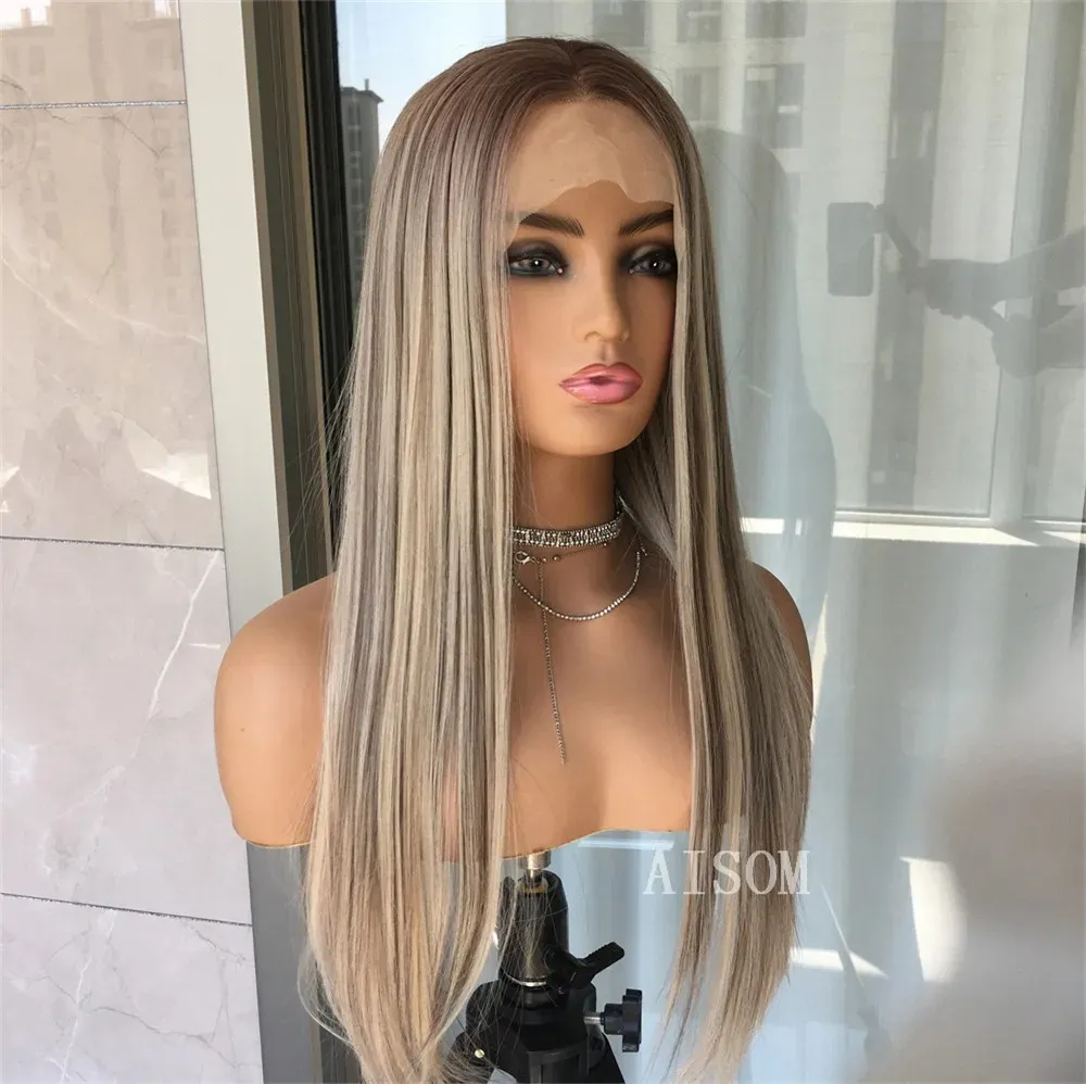 Perruque Lace Front Wig synthétique lisse à reflets blond platine, cheveux synthétiques sans colle, pre-plucked, couleur Blonde, pour femmes