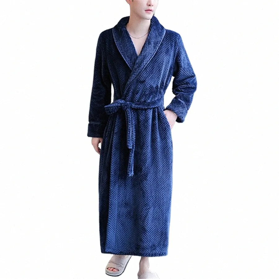 autumn Winter Thicken Flannel Robes Warm Lace-up Bathrobe Men Fluffy Shower Robe Night Gown Male Sleepwear Lg Housewear 3XL 69ps#